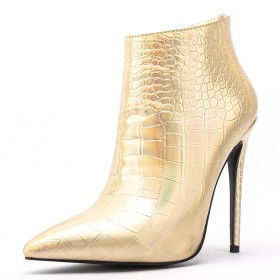 12 cm High Heels Sparkly Ankle Boots Faux Leather Patent Leather Gold Stiletto Metallic Elegant Fashion Snake Print Closed Toe