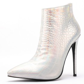 Silver High Heels Faux Leather Dressy Shoes Snake Print Fur Lined Stiletto Heels Embossed Ankle Boots Elegant 2023 Spring Metallic Pointed Toe Patent Leather