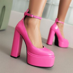 6 inch High Heel Block Heels Platform Faux Leather Classic Ankle Strap Belt Buckle Office Shoes