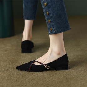 Modern Flat Shoes Black Business Casual Suede Loafers Comfort With Rhinestones Pointed Toe Leather