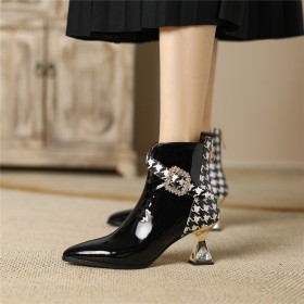 Sculpted Heel Fashion Patent Leather With Buckle Pointed Toe Business Casual Elegant Ankle Boots For Women Rhinestones 6 cm Mid Heel Dress Shoes Houndstooth Black And White