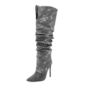 Vintage Slouch Mit 12 cm High Heels Denim Schwarz Stilettos Hohe Stiefel Klassisch Boots Damen Spitz Overknee