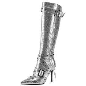 High Heels Silver Metallic Studded Faux Leather Knee High Boot For Women Pointed Toe Fashion Belt Buckle Stiletto Heels Tall Boot