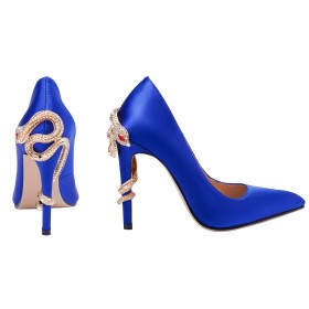 Kobaltblauwe 10 cm Highheel Mode Business Casual Dames Schoenen Slangenprint Satijnen Pumps Stilettos