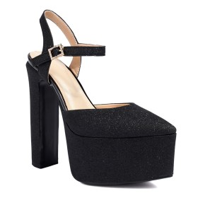 Pointed Toe 6 inch High Heeled Platform Block Heel Sparkly Ankle Strap Womens Sandals Chunky Heel Evening Shoes Belt Buckle Classic Glitter