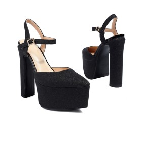 Pointed Toe 6 inch High Heeled Platform Block Heel Sparkly Ankle Strap Womens Sandals Chunky Heel Evening Shoes Belt Buckle Classic Glitter