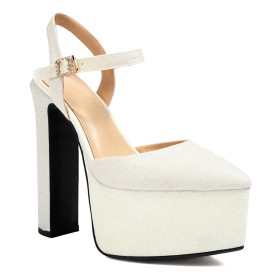 With Ankle Strap Block Heels White Platform Evening Party Shoes Sandals Sparkly Thick Heel 15 cm High Heels Classic