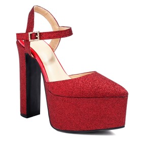 Red Ankle Strap Sequin Sandals Block Heel 15 cm High Heel Sparkly Platform Chunky Heel