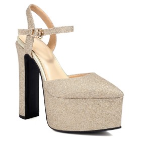 Going Out Shoes Casual Gold Sparkly Chunky Classic With Ankle Strap Platform Belt Buckle Evening Shoes Sandals 2024 Block Heels 6 inch High Heel Glitter