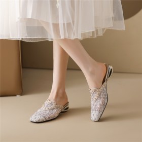 With Pearl Dressy Shoes Block Heel Business Casual Comfortable Sandals Mules Lace Chunky 2024 Elegant