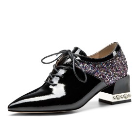 Chaussures Pour Femme Élégantes Paillettes Talons Carrés À Lacets Talon Epais Noir A Talon Mi Haut Avec Strass
