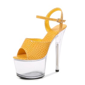 Platform Chunky Heel Metallic Open Toe PU Sandals Faux Leather Sparkly Extreme High Heel Going Out Footwear Yellow Formal Dress Shoes Crocodile Printed