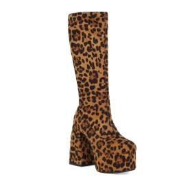Platform Round Toe Boots Chunky 5 inch High Heeled Leopard Print Going Out Footwear Velvet Block Heels Brown