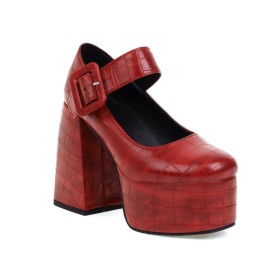 Cinturino Alla Caviglia Decolte Rosse Tacco Largo Punta Chiusa Classici Scarpe Donna Coccodrillo Plateau