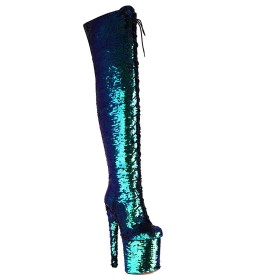 Green Multicolor Stiletto Heels Closed Toe Tall Boots Platform Round Toe Over The Knee Boots For Women Extreme High Heels Fur Lined Glitter Pole Dancing Shoes