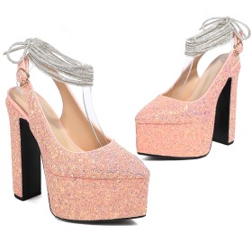 Scarpe Da Sera Scarpe Sposa Tacco Largo Primavera Moda Décolleté Scarpe Donna Con Strass Platform Punta Chiusa Con Lacci Alla Caviglia Con Tacco Alto Glitter Slingback A Punta