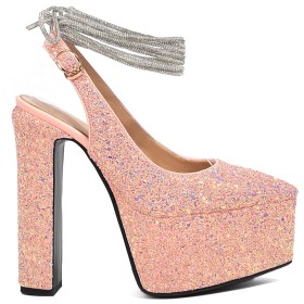 Scarpe Da Sera Scarpe Sposa Tacco Largo Primavera Moda Décolleté Scarpe Donna Con Strass Platform Punta Chiusa Con Lacci Alla Caviglia Con Tacco Alto Glitter Slingback A Punta