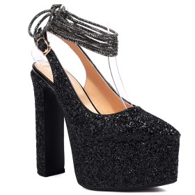 Block Heels Formal Dress Shoes 6 inch High Heel Rhinestones Thick Heel Glitter Ankle Wrap Black Pumps