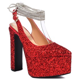 Pointed Toe With Rhinestones Block Heel Dress Shoes Thick Heel Sequin Red Evening Shoes 6 inch High Heel Ankle Tie Belt Buckle Slingbacks Sparkly Pumps Wedding Shoes For Bridal