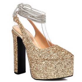 Glitzer Festliche Schuhe Damenschuhe 15 cm High Heels Plateau Mit Strasssteine Mit Blockabsatz Gold Mit Schnürung Abendschuhe Pumps Mode