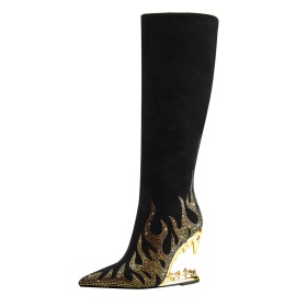 Faux Leather Tall Boot Graffiti Suede 11 cm High Heels Pointed Toe Rhinestones Knee High Boots For Women Going Out Footwear Fashion