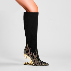 A Talon Suède Talon Spécial Moderne Knee Boots Brillante Bottes Haute Graffiti Fermeture Éclair