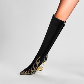 A Talon Suède Talon Spécial Moderne Knee Boots Brillante Bottes Haute Graffiti Fermeture Éclair