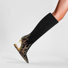 A Talon Suède Talon Spécial Moderne Knee Boots Brillante Bottes Haute Graffiti Fermeture Éclair