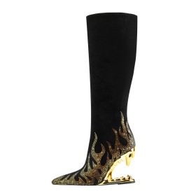 A Talon Suède Talon Spécial Moderne Knee Boots Brillante Bottes Haute Graffiti Fermeture Éclair