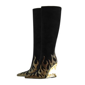 A Talon Suède Talon Spécial Moderne Knee Boots Brillante Bottes Haute Graffiti Fermeture Éclair