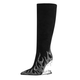 Mit Strasssteine Hohe Stiefel Stiefel Damen Moderne Graffiti Kniehohe Stiefel Wildleder Spitz Mit 11 cm High Heel Absatzschuhe