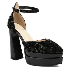 Business Casual 13 cm High Heel Chunky Belt Buckle Platform Block Heels Ankle Strap Sequin Sparkly Sandals