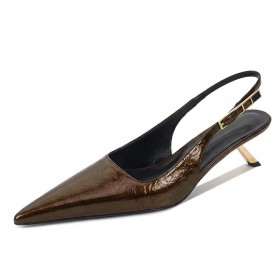 Marrone Decolte Con Tacchi Medio Cerimonia Moda Tacco A Spillo Slingback Eleganti Vernice Scarpe