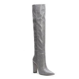High Heel Chunky Closed Toe Vintage Snake Print Tall Boot Gray Knee High Boots Faux Leather Block Heel