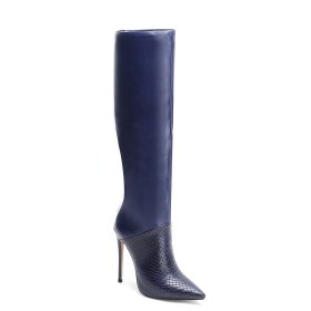 Klassisch Gefütterte Gesteppte Sock Boots Pfennigabsatze Halbhohe Stiefel 10 cm High Heels Marineblau Schlupfschuh