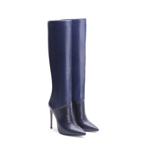 Mid Calf Boots Classic Dark Navy Blue Quilted Fur Lined Sock 4 inch High Heel Faux Leather Stiletto Heels Embossed