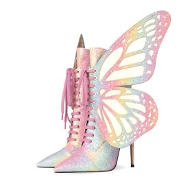 4 inch High Heel Multicolor Stiletto Heels Booties Prom Shoes Ombre Pointed Toe Sparkly Butterfly Pink