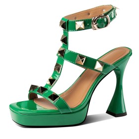 Going Out Shoes Open Toe Sandals Studded Leather Green Strappy 4 inch High Heel Gladiator Fashion