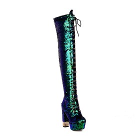 High Heels Evening Shoes Chunky Heel Closed Toe Lace Up Over Knee Boots Gradient Sparkly Block Heels Glitter