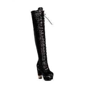 Overknee Farbverlauf Glitzer Blockabsatz Ballschuhe Glitzernden Plateau Schnürstiefel Schwarz Hohe Stiefel Moderne 13 cm High Heel Gefütterte