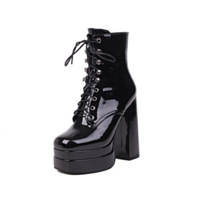 Patent Chunky Block Heels Ankle Boots For Women Classic Platform Lace Up High Heel