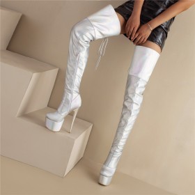 High Heel Faux Leather Neon Color Thigh High Boots Platform Stiletto Tall Boots Sparkly