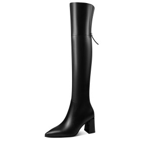 Fashion Black Thigh High Boot For Women 2023 With Rhinestones Chunky Heel Block Heels With Bow Comfort 8 cm High Heel Closed Toe Tall Boots