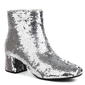 Con Tacco Basse Stivaletti Donna Scarpe Da Cerimonia Moda Tacco Largo Glitter Argento