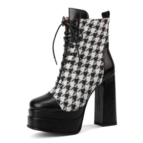 With Color Block Checkered Booties For Women Platform Block Heels Lace Up 13 cm High Heels