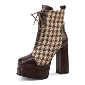 Booties For Women Leather Platform Block Heel Classic Brown Checkered Chunky Heel 13 cm High Heels