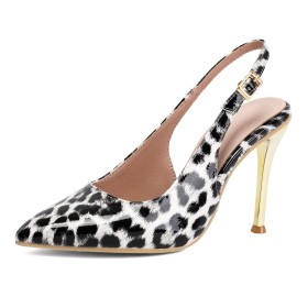 4 inch High Heel Sexy Leopard Patent Leather Slingback Pumps Black And White Faux Leather