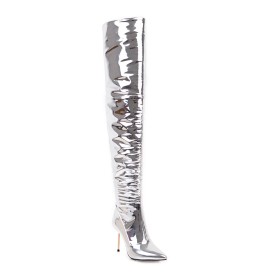 Sparkly 10 cm High Heels Over The Knee Boots Stiletto Heels Fur Lined Tall Boots Red Bottoms Metallic Pointed Toe Stylish