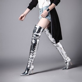 Gevoerde Zilveren Hoge Laarzen Dames Overknee Boots Rode Zool Highheel Sparkle Stilettos Metallic Winter Mode Lak