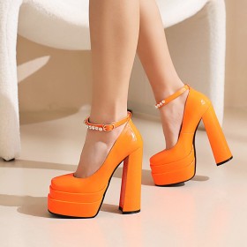 15 cm High Heels Orange Modern With Rhinestones Platform Chunky Heel Block Heel Ankle Strap Pumps Embossed